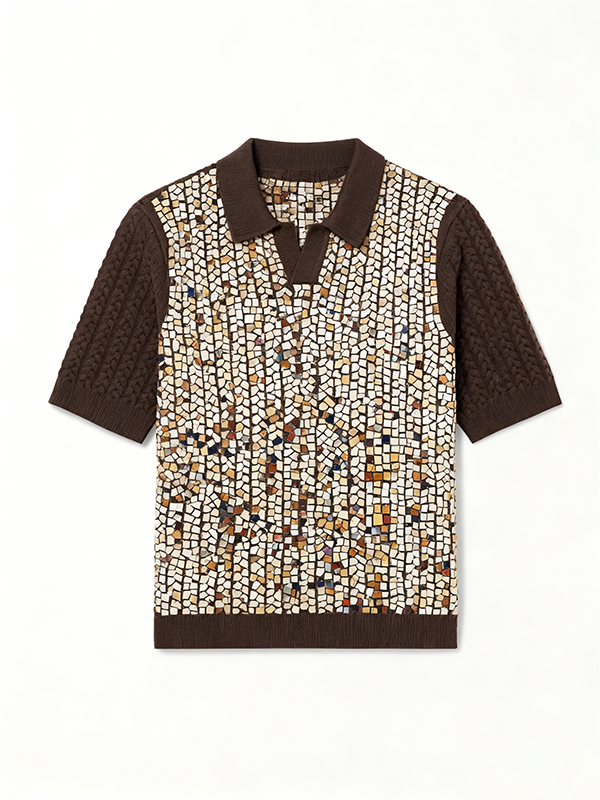 Men's Short Sleeve Cable Knit Wool Polo Shirt - Classic Textured Regular Fit Stretch Collar Casual