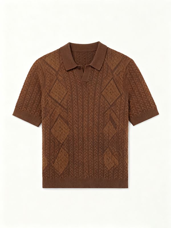 Men's Casual Stretch Collared Polo - Classic Textured Cable Knit Wool Short Sleeve Regular Fit