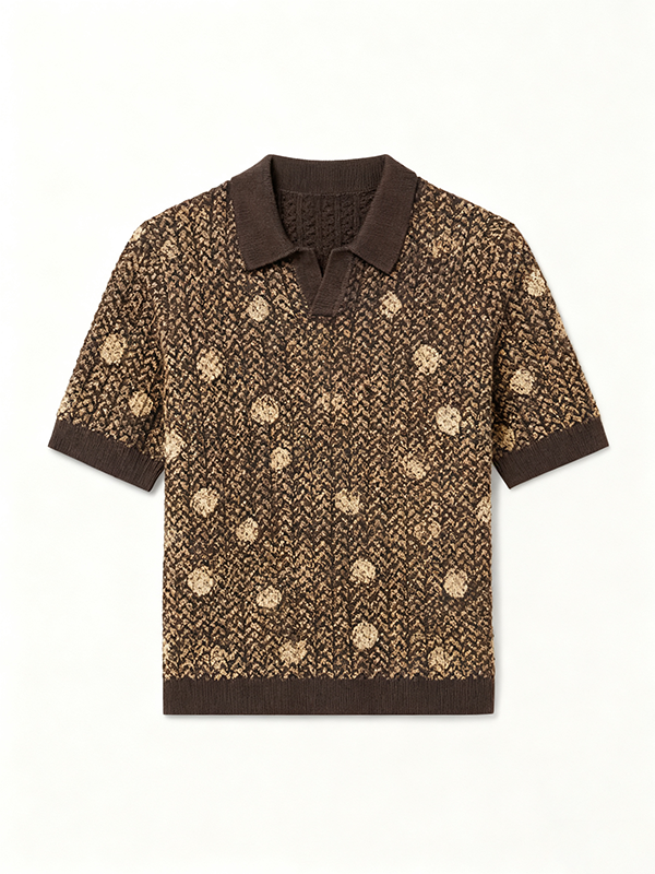 Stretch Collared Casual Men's Polo Shirt - Classic Textured Cable Knit Wool Short Sleeve Regular Fit